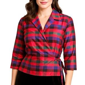 100% Silk Harris Wallace Plaid Wrap Blouse Top Shirt Size Large
